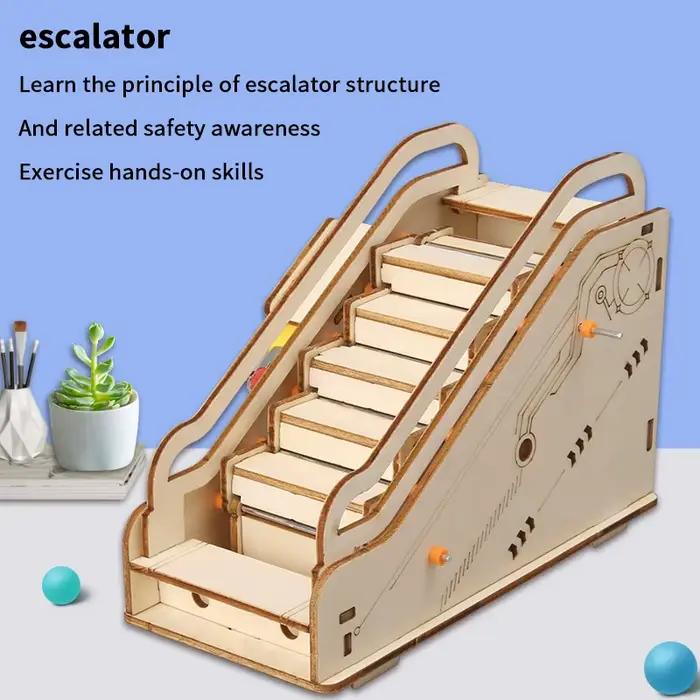 Kit de bricolage d'équipement de physique scolaire ; Expérience scientifique d'escalator en bois 3D