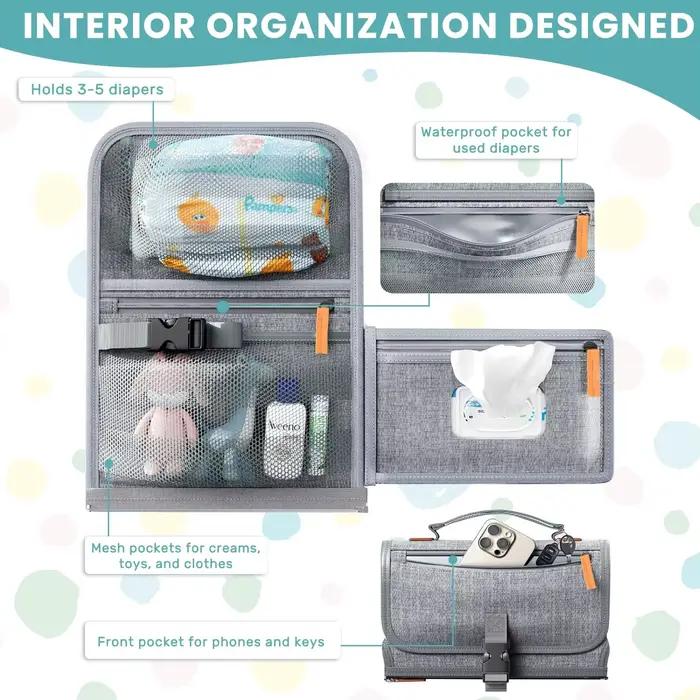 Tapis à langer portable pour bébé, design intelligent, avec poche pour lingettes, pliable, pour les