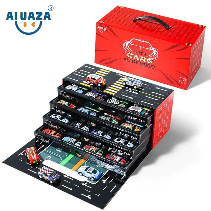 AIUAZA Coulins jouets pour jeunes, 48 jouets de voitures de course à tirer, boîte de rangement de co