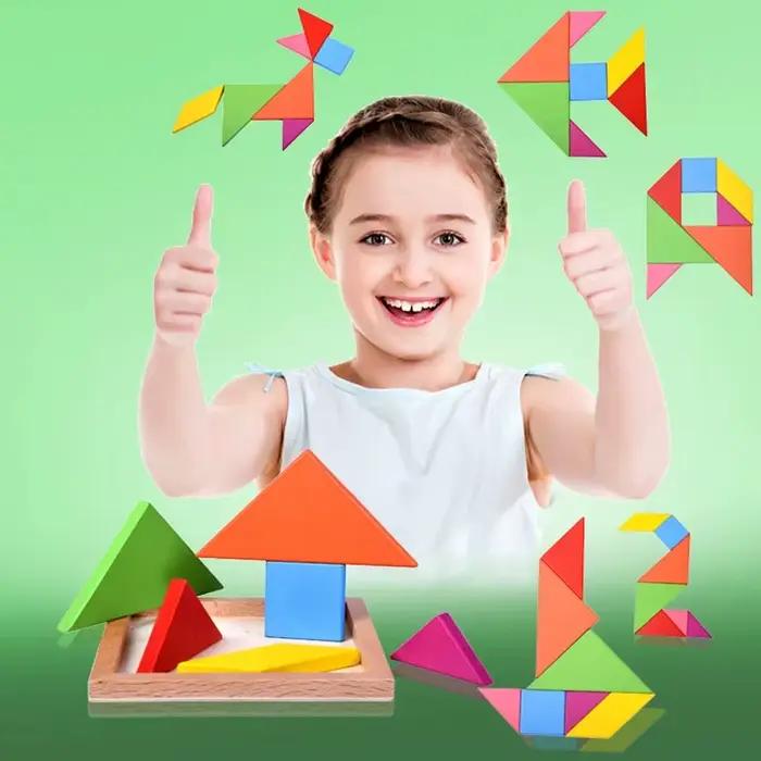 Puzzles Tangram en bois pour enfants avec 7 pièces colorées, jouet d'apprentissage éducatif pour gar