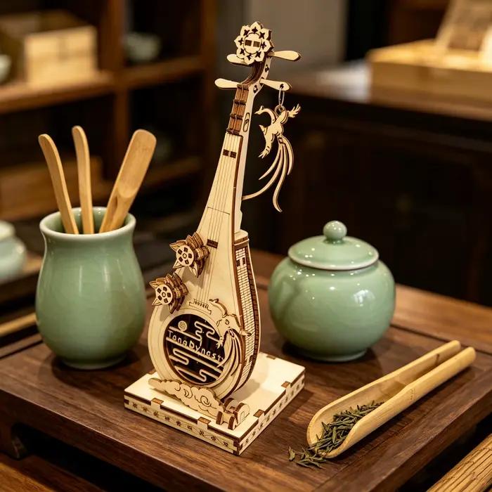 Kit de puzzle d'instrument musical Pipa en bois à faire soi-même, Pipa gravée au laser avec ornement
