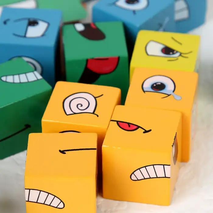 Blocs de construction à changement de visage Cube, jeu de société de dessin animé, Puzzle en bois Mo