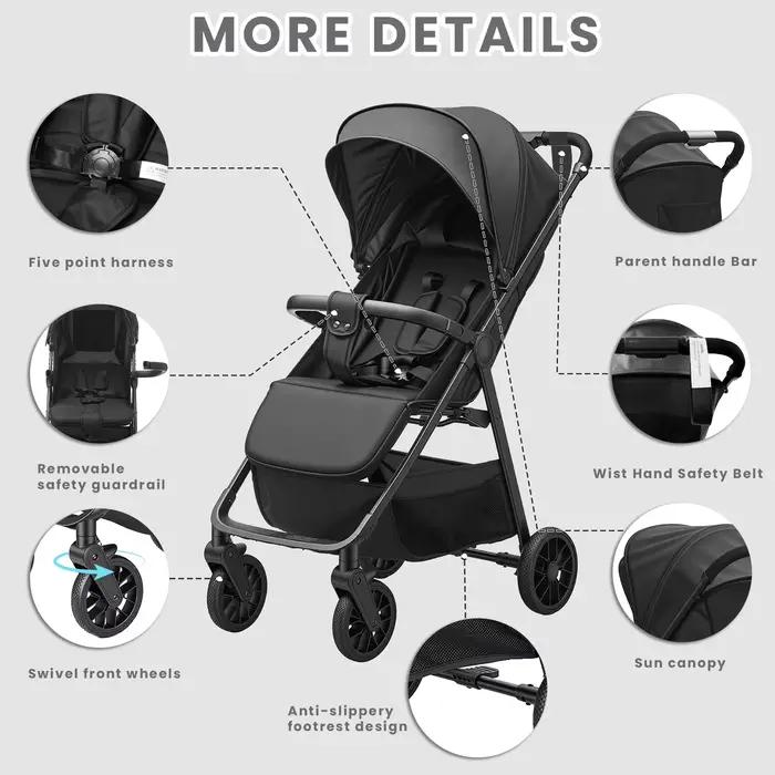 Poussette bébé pour tout-petits avec siège inclinable, poussette Ultra compacte avec grand panier de