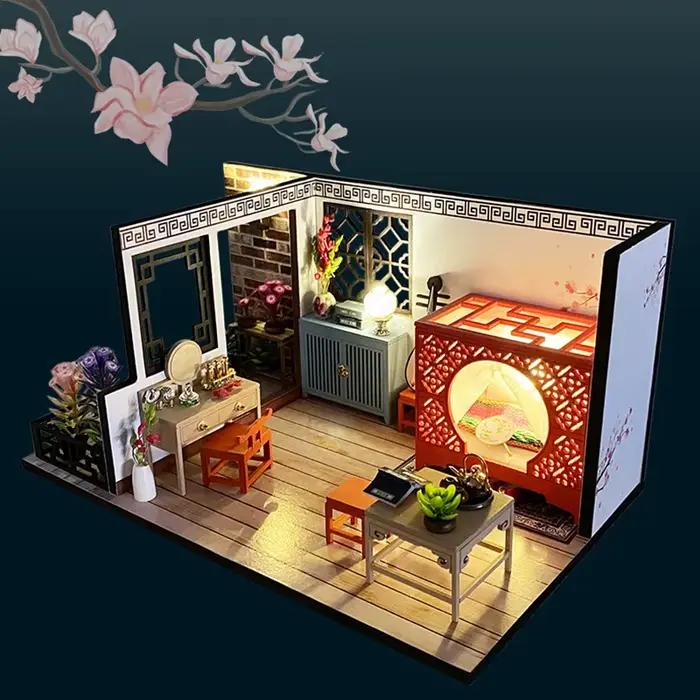 Maison de poupée en bois à monter soi-même, Kits de construction miniatures avec meubles, Loft chino