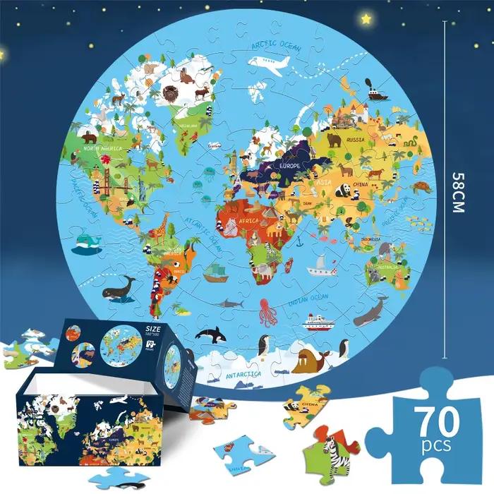 Puzzle de géographie du monde avec animaux pour enfants, 70 pièces, puzzles ronds pour garçons et fi