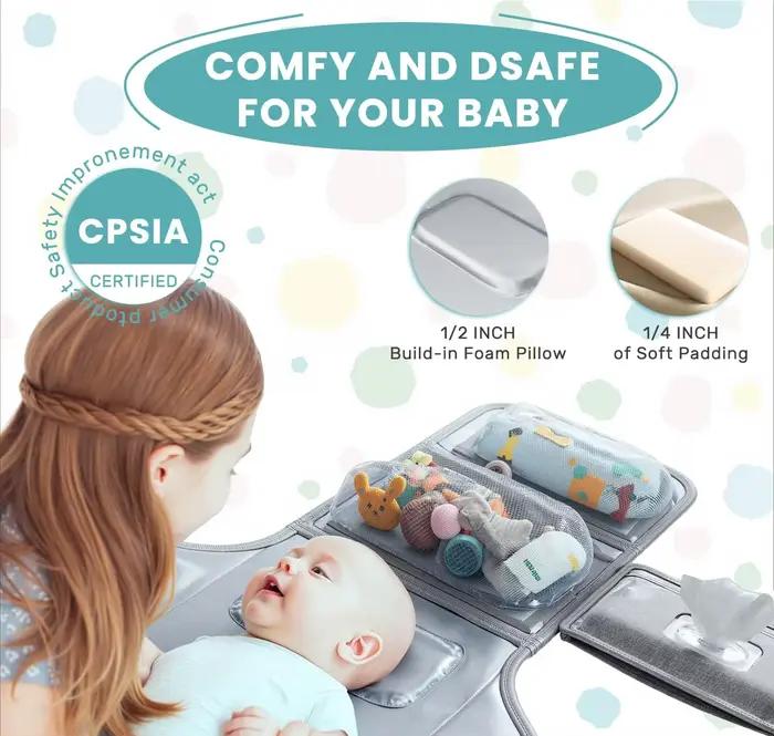 Tapis à langer portable pour bébé, design intelligent, avec poche pour lingettes, pliable, pour les