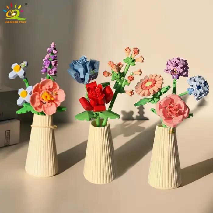 HUIQIBAO MOC Bouquet de fleurs éternelles avec pot Micro bloc de construction tournesol Rose Mini mo