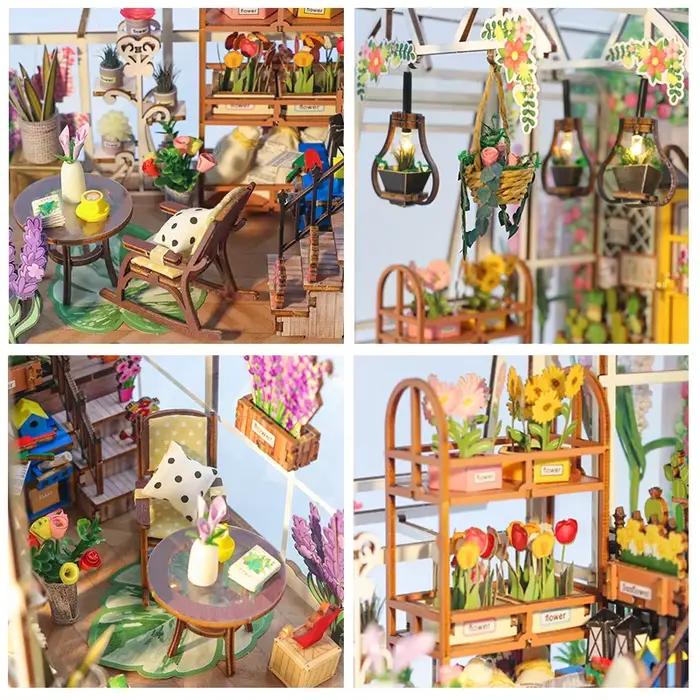 Bricolage maison de jardin coin livre étagère insérer Kits de construction miniatures en bois fleur