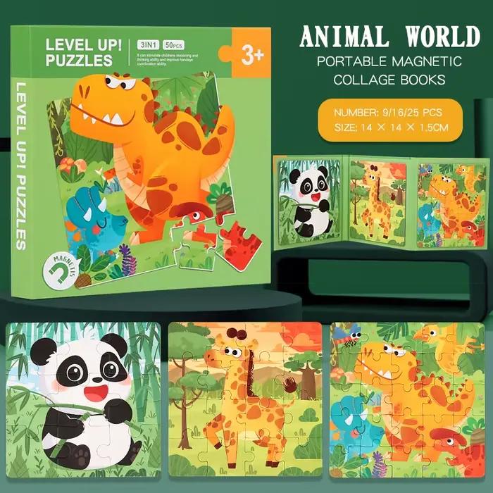Jeux de puzzle magnétiques pour enfants, livre de puzzle d'animaux de dessin animé silencieux, jouet