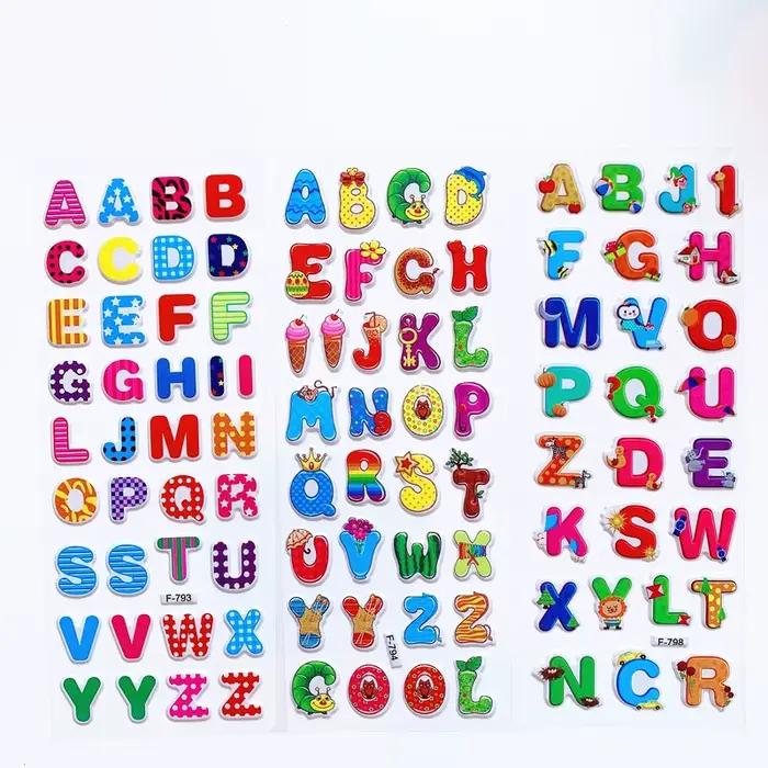 Autocollants 3D gonflés en vrac pour enfants, 6 feuilles, lettres de l'alphabet anglais, chiffres, j