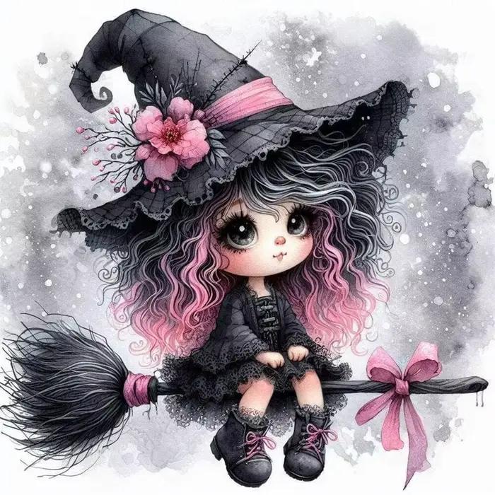 Joli puzzle de petite sorcière, sorcière chibi sur balai avec accents roses, art fantastique et orig