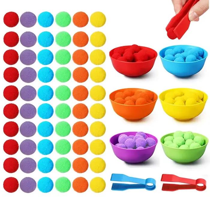 Ensemble de jouets de comptage et de tri pour enfants, pompons, couleurs arc-en-ciel, bols en plasti