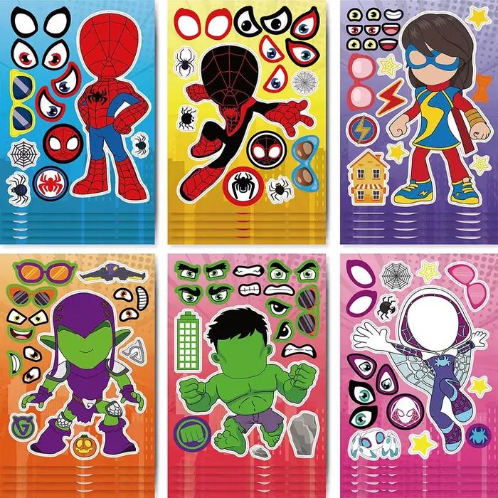 6/12 feuilles d'autocollants puzzle Avengers Marvel pour créer des visages, Spiderman et ses amis ex