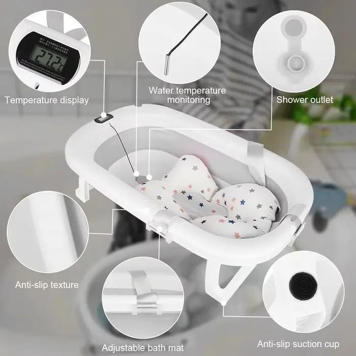 Baignoire pliable pour bébé avec tapis de bain, baignoire pour bébé avec thermomètre intégré, baigno