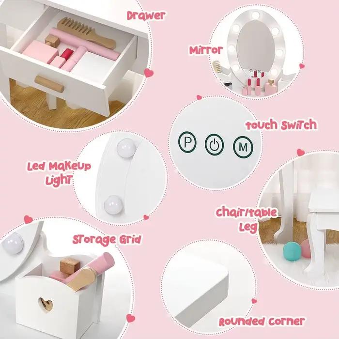 Ensemble de coiffeuse pour enfants, table et chaise de coiffeuse pour filles avec miroir lumineux, t