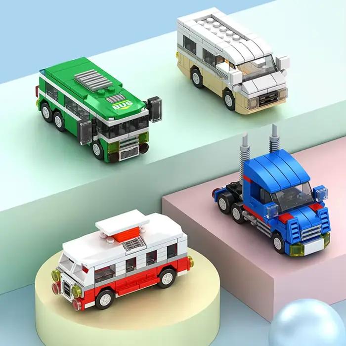 Bloc de construction de petites particules, modèle de véhicule urbain, bus scolaire, camion de pompi