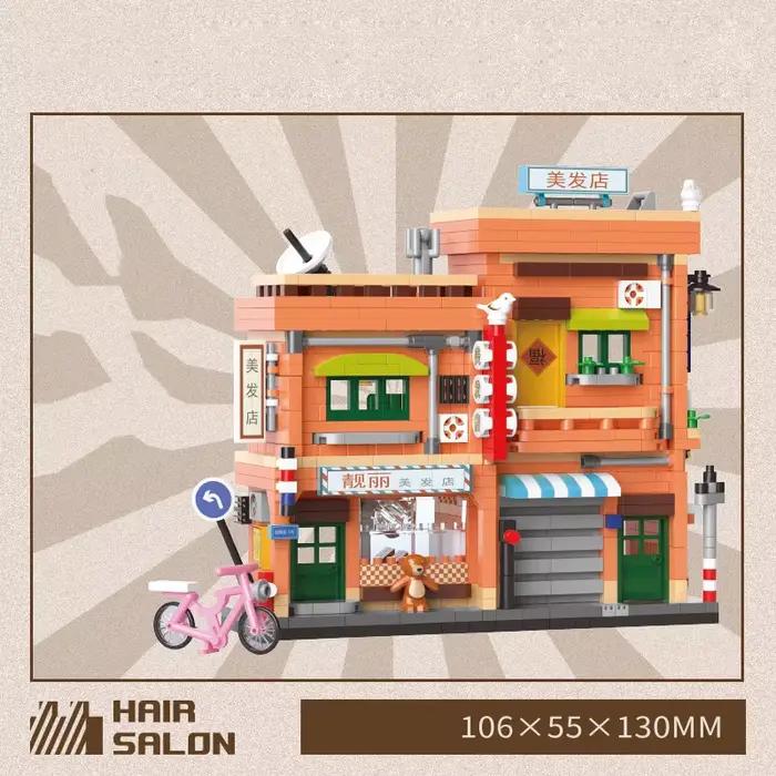 Mini Blocs de Construction Créatifs Thème Vues Urbaines Chinoises : Salon de Coiffure, Magasin de Vi