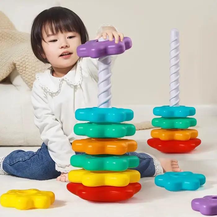 Tour arc-en-ciel rotative pour bébé, Puzzle à empiler Montessori, jouets éducatifs de sécurité pour