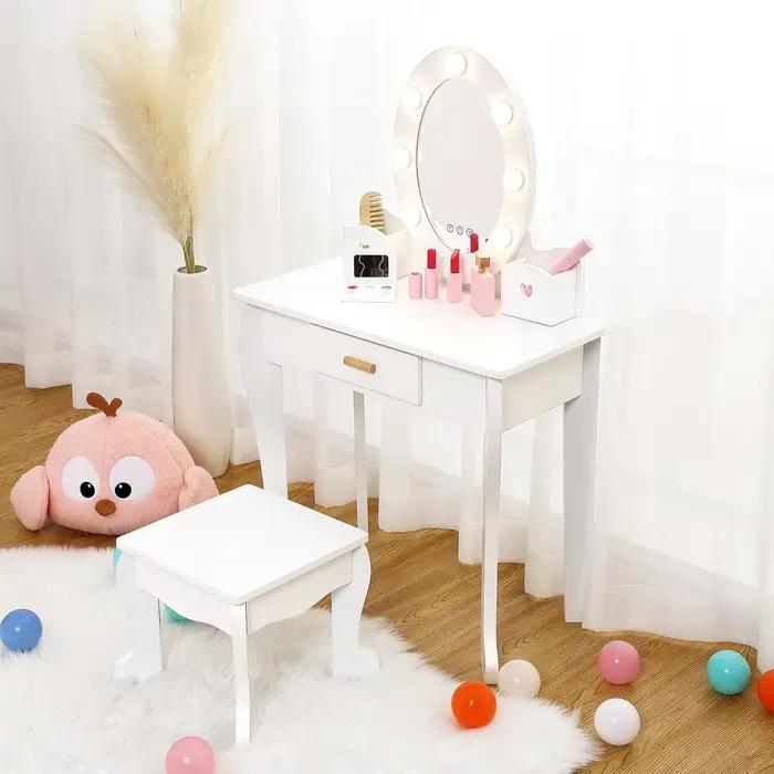 Ensemble de coiffeuse pour enfants, table et chaise de coiffeuse pour filles avec miroir lumineux, t