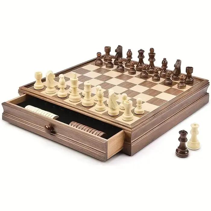 Chess and Checkers Tiroir de rangement intégré de 38 cm, pièces lestées, 2 reines supplémentaires, 2