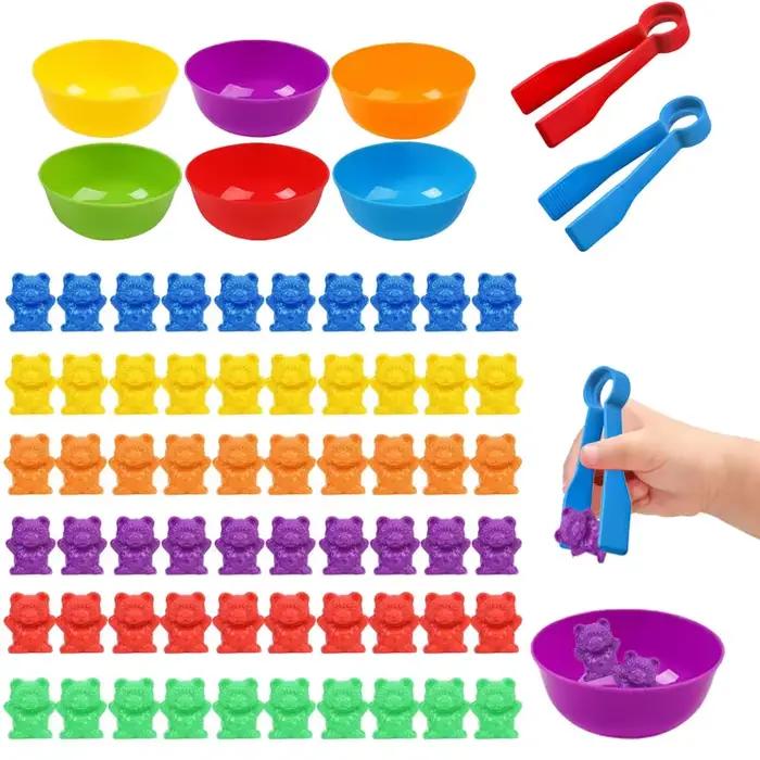 Contre des ours, jeux assortis, bols de tri des couleurs, pincettes, apprentissage préscolaire, éduc