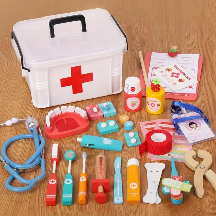 Jeu de simulation de docteur en bois avec stéthoscope et seringue, jouet éducatif interactif pour jeu de rôle