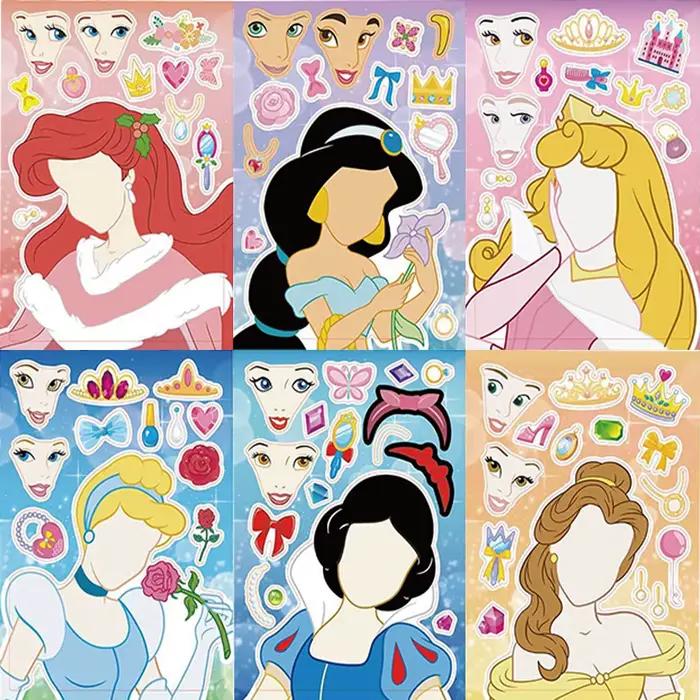 8/16 feuilles d'autocollants puzzle de dessins animés Disney Princesses, à assembler soi-même pour créer des visages, éducatifs, pour cadeaux de fête et scrapbooking