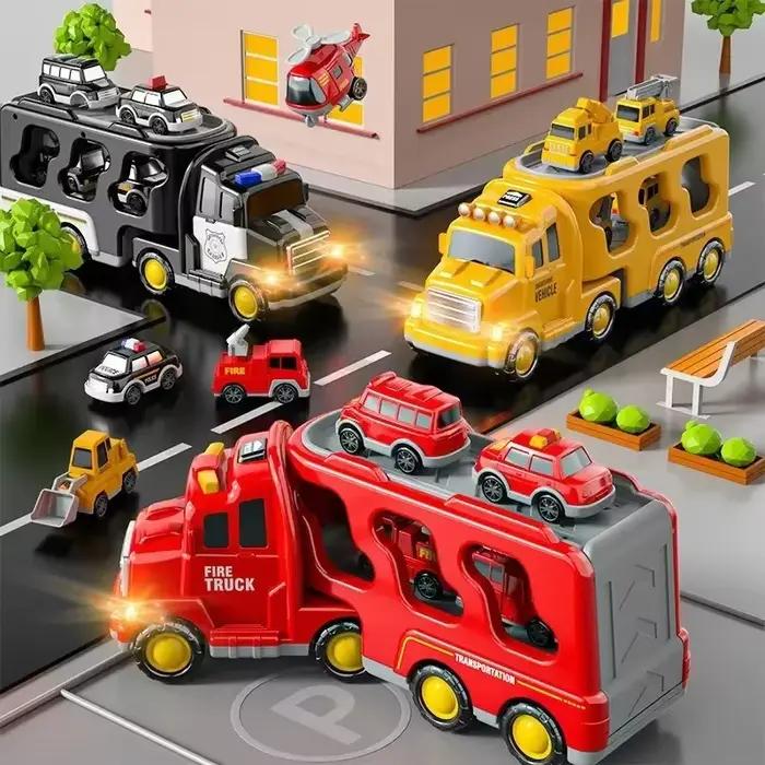 Jouet de camion transporteur de grande taille – Ensemble de véhicules d'ingénierie/incendie/police avec entraînement à