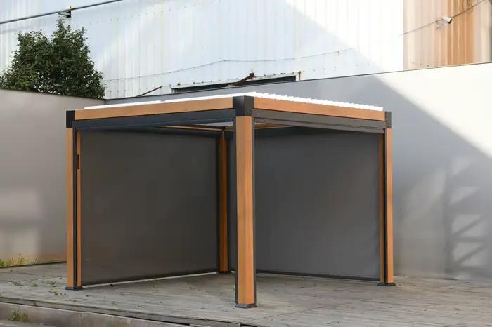Pergola imperméable pour jardin de loisirs, Pergola motorisée à persiennes, Gazebo en aluminium, Pergola extérieure à grain de bois