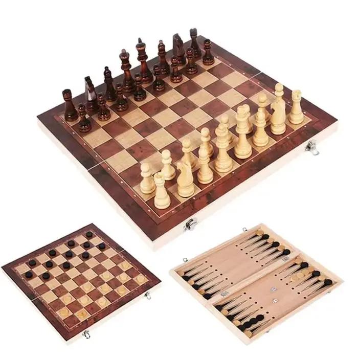 Jeu d'échecs, backgammon et dames 3-en-1 en plastique, plateau pliant avec rangement, améliore l'intelligence stratégique, cadeau idéal pour les familles et les amis, occasions spéciales