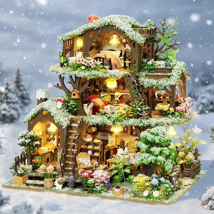 Kit de maison de poupée DIY en bois 3D, maisonnette de forêt hivernale faite à la main, décoration de maison miniature fantaisie, cadeau