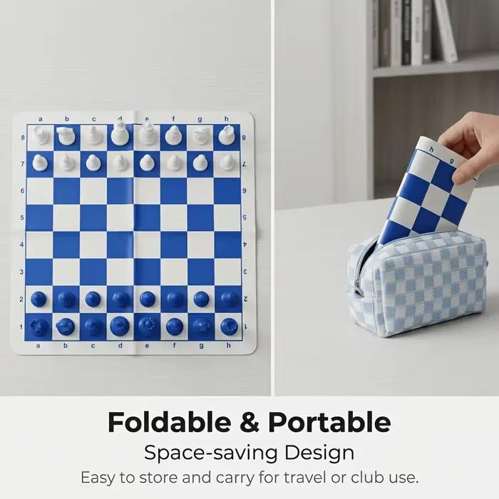 Un jeu d'échecs international pliable et portable bleu avec un plateau de 34 cm/13