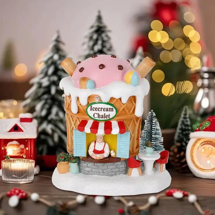 Chalet de crème glacée pré-éclairé en résine avec lumières LED pour décor de Noël intérieur, collectible, idéal pour fêtes, mariages, remerciements et Nouvel An
