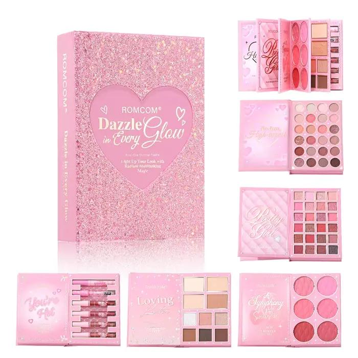 Livre magique de maquillage tout-en-un de 5 pages : kit complet avec fard à paupières multi-ombrage, fard à joues, surligneur, contour et brillant à lèvres brillant