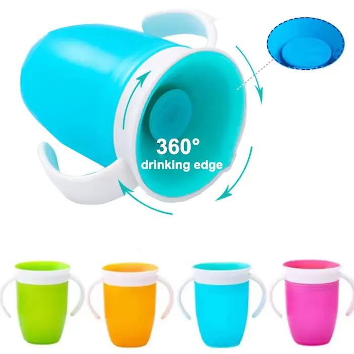 360 degrés peuvent être tournés bébé apprentissage tasse à boire avec Double poignée couvercle rabattable étanche Silico