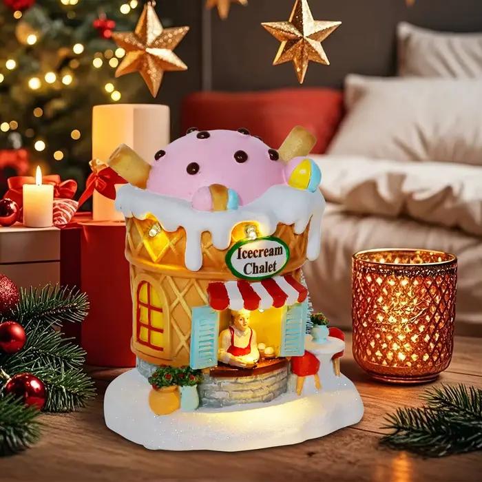 Chalet de crème glacée pré-éclairé en résine avec lumières LED pour décor de Noël intérieur, collectible, idéal pour fêtes, mariages, remerciements et Nouvel An