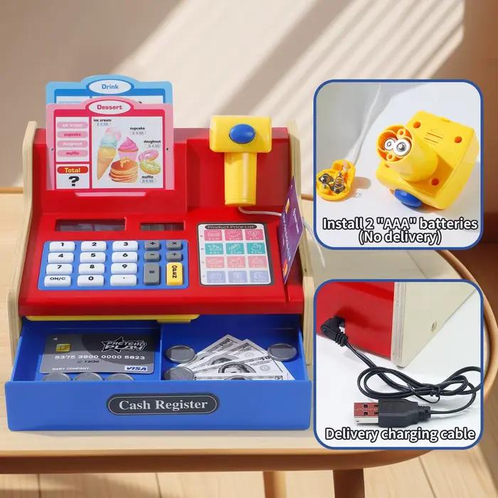 Caisse enregistreuse en bois pour jeu de simulation : véritable calculatrice incluse