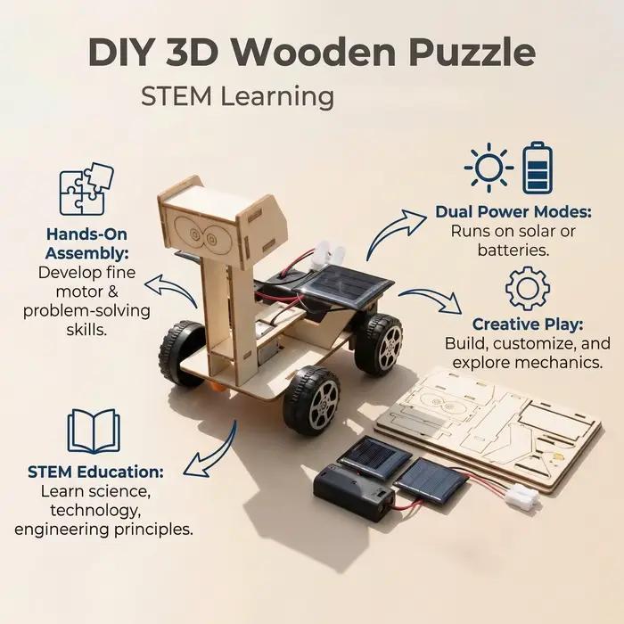 Kit de modèle de puzzle 3D en bois de buggy lunaire à énergie solaire
