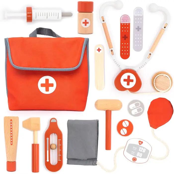 Trousse de docteur rouge en bois pour jeu d'imitation, jouets éducatifs pour enfants, ensemble de simulation médicale, coffret de médicaments pour jeux de rôle pour enfants