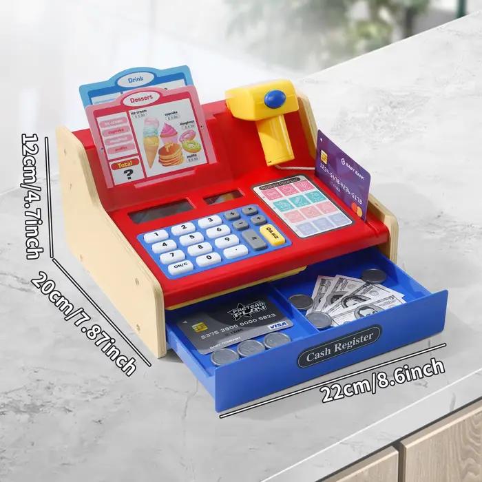 Caisse enregistreuse en bois pour jeu de simulation : véritable calculatrice incluse