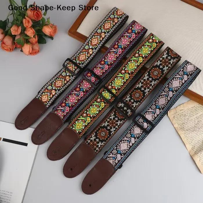 Sangle de guitare réglable, sangle de cou pour guitare électrique et acoustique, sangles brodées en coton et cuir, accessoires pour instruments de musique