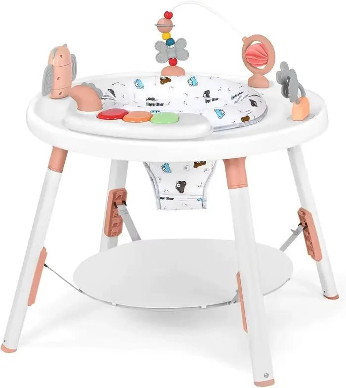 Centre d'activités et table sauteuse 3-en-1 pour bébé avec rotation à 360° ° Siège rotatif et jouets amovibles