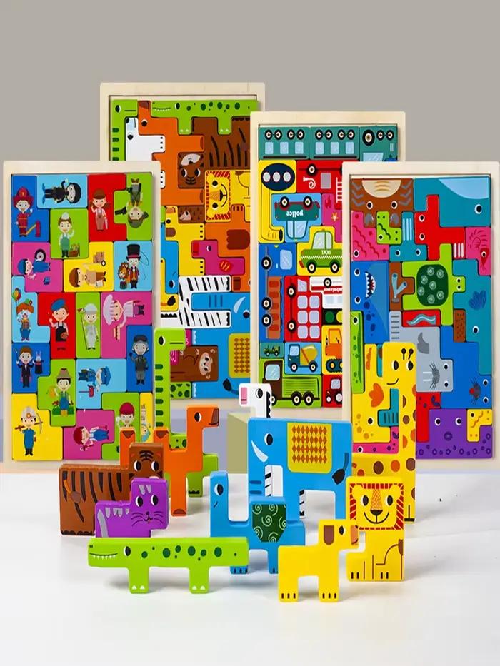 Puzzle en Bois de Transport de Personnages Animaux Montessori Blocs Russes Animaux Mignons Jouets d'Occupation Pour Enfants Occasions Spéciales