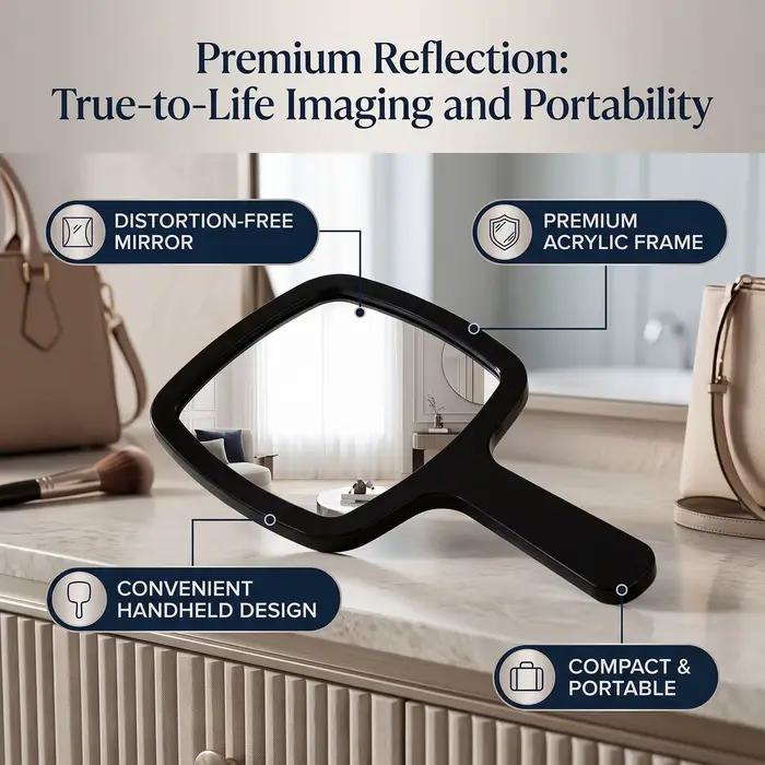 Miroir à main en acrylique noir, miroir à main portable avec poignée confortable, miroir de maquillage portable pour la maison