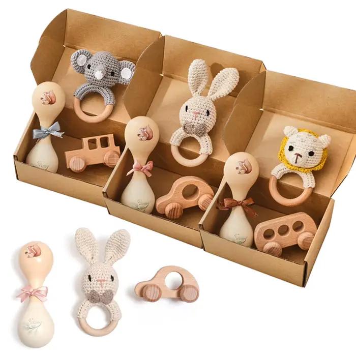 Ensemble de jouets pour bébé, hochet lapin au crochet, Instrument de musique pour nourrissons, jouet à pousser en bois, jouet éducatif Montessori pour nouveau-né, cadeau pour bébé