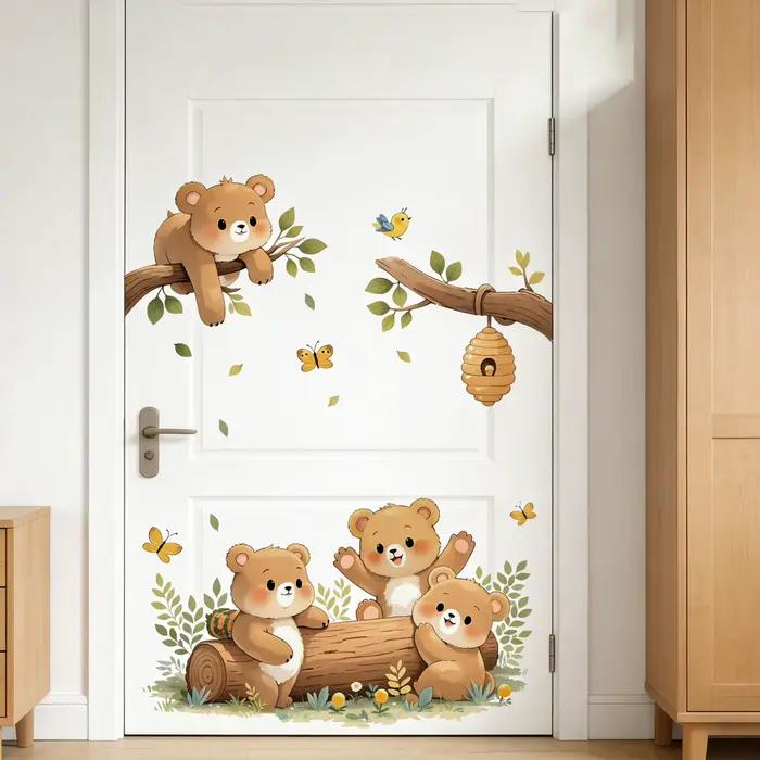 Autocollants muraux autocollants à motif de forêt et d'ours coquins pour porte coulissante, décoratifs pour chambre d'enfant