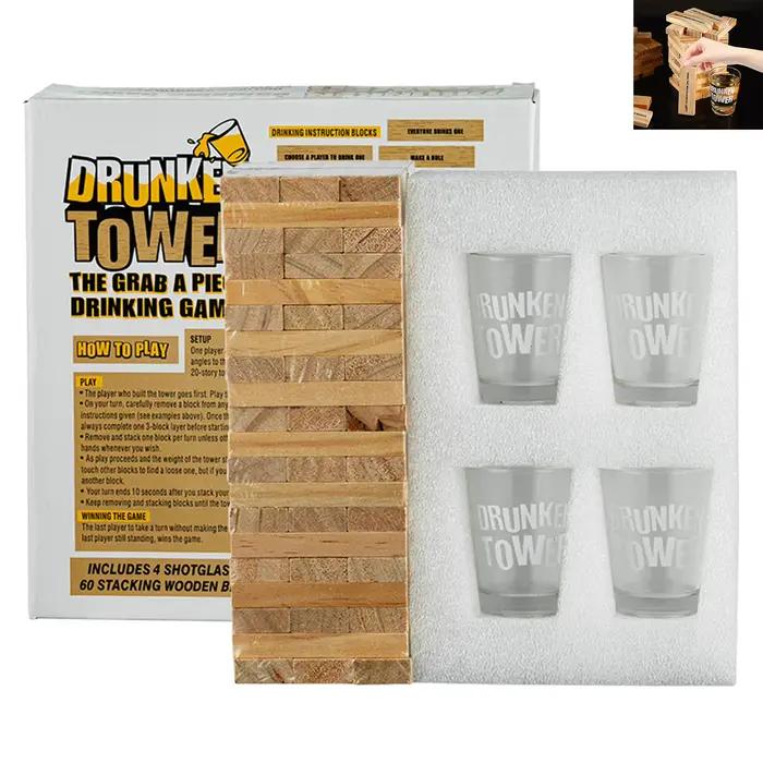 Ensemble de jeu de boisson empilable en bois avec 60 blocs de défi imprimés + 4 verres à Shot pour jeux de fête pour adultes 2-4 joueurs