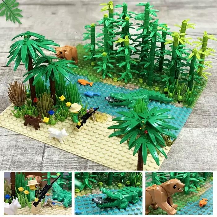 Plaques de Base forêt tropicale herbe verte jungle buisson fleur arbre plantes blocs de construction Animal dinsaus MOC enfants jouet cadeau