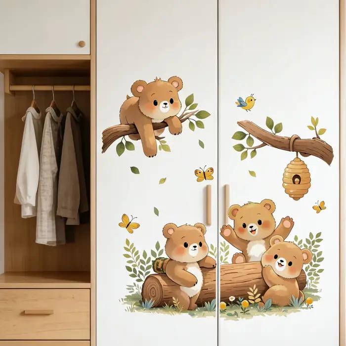 Autocollants muraux autocollants à motif de forêt et d'ours coquins pour porte coulissante, décoratifs pour chambre d'enfant