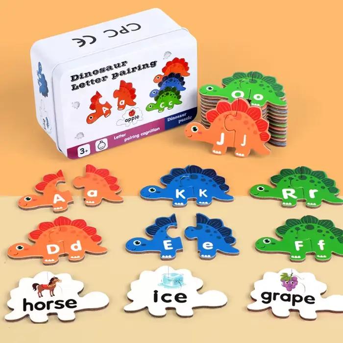 Jeu de puzzle d'association de dinosaures en bois avec cartes de lettres ABC